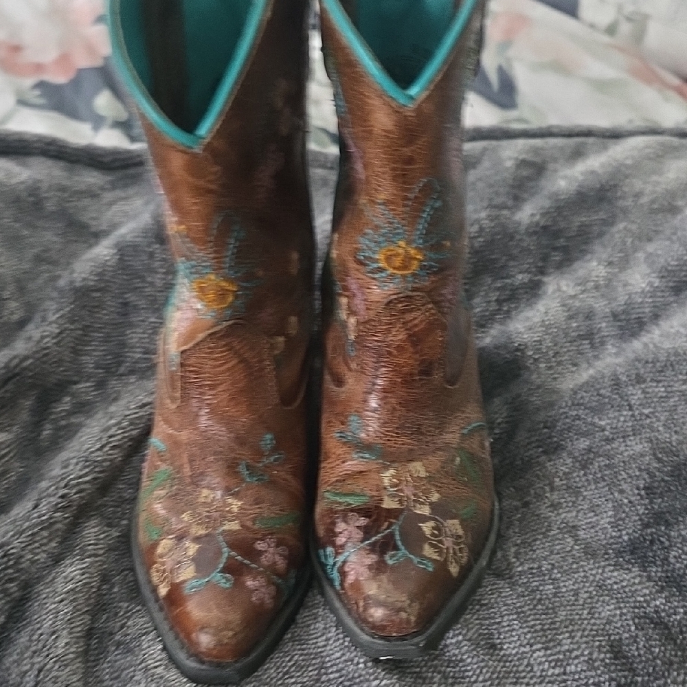 Brown and Blue Western Cowboy Boots with Embroidery